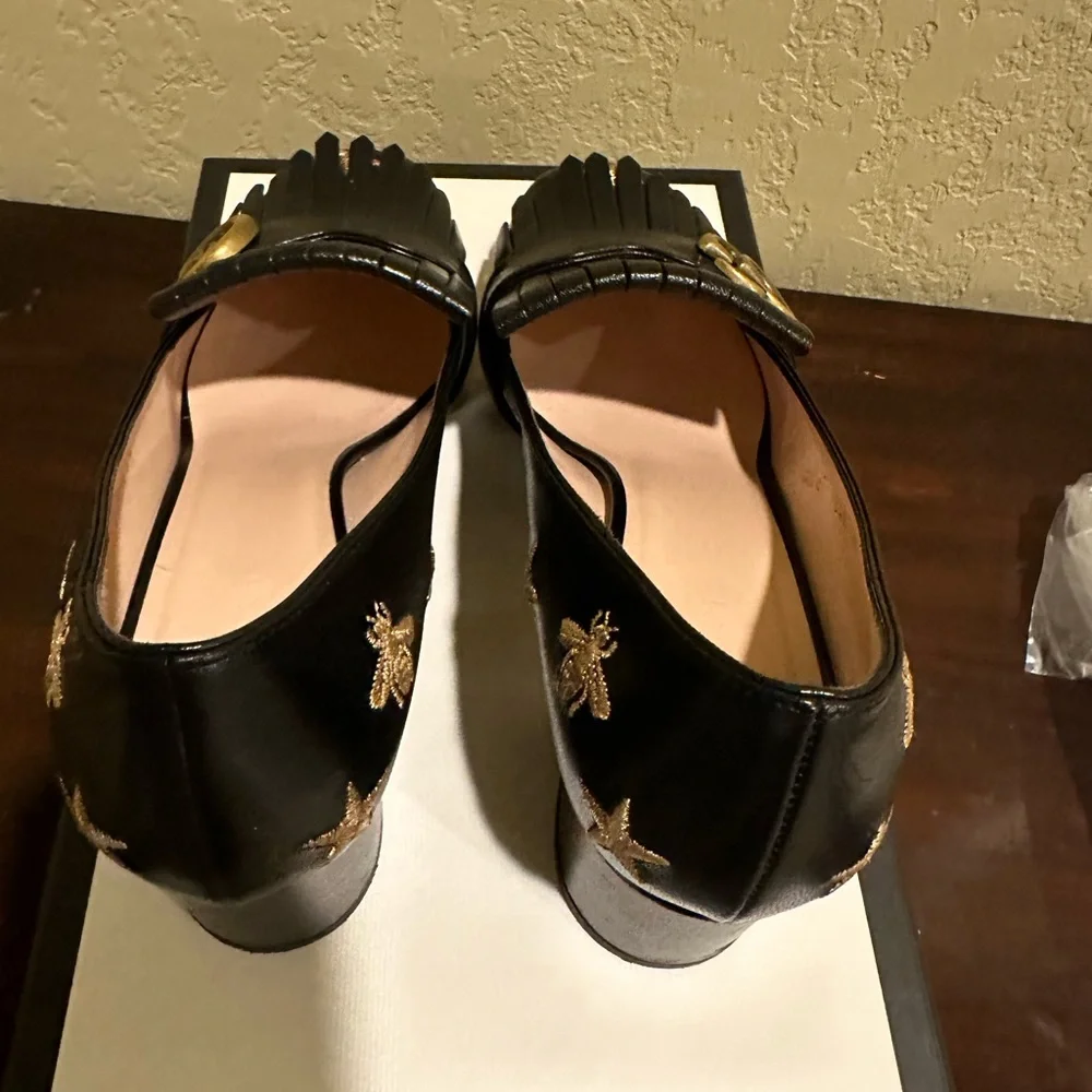 Gucci Black Leather Fringe Pumps with Gold Double G Accents